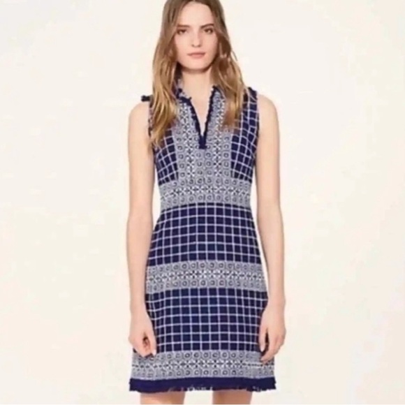 Tory Burch navy and white tweed sleeveless Carlsbad sheath Collared Dress